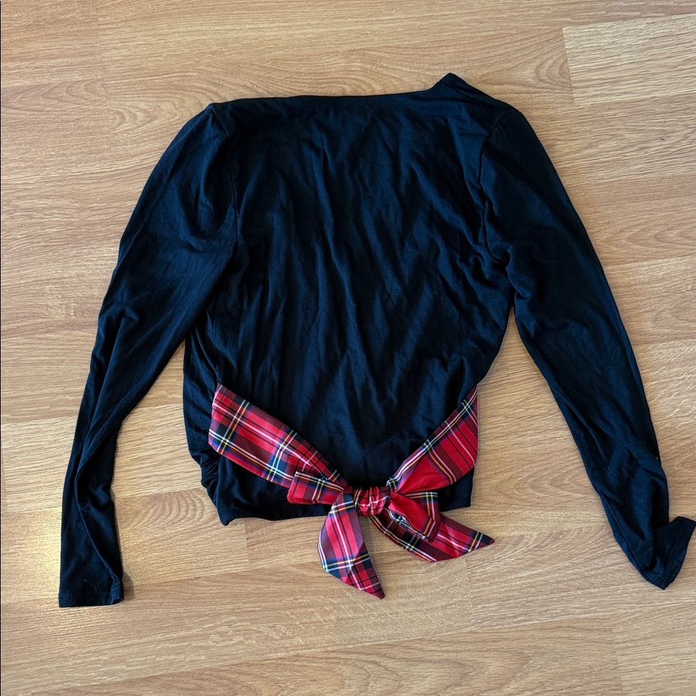 J. Crew Black Blouse with Red Plaid Bow